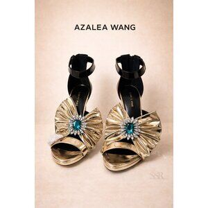 Azalea Wang Blaire Rhinestone Bow Ankle Strap Sandal Heels Gold Crystal Size 10